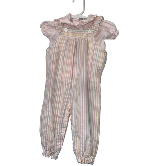 Vtg Alexis Striped Pink Pastel Baby overall Romper w blouse sz 6m USA - Picture 1 of 3